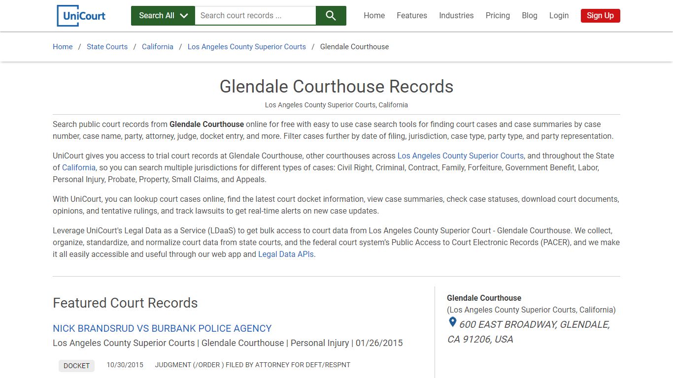 Glendale Courthouse Records | Los Angeles | UniCourt